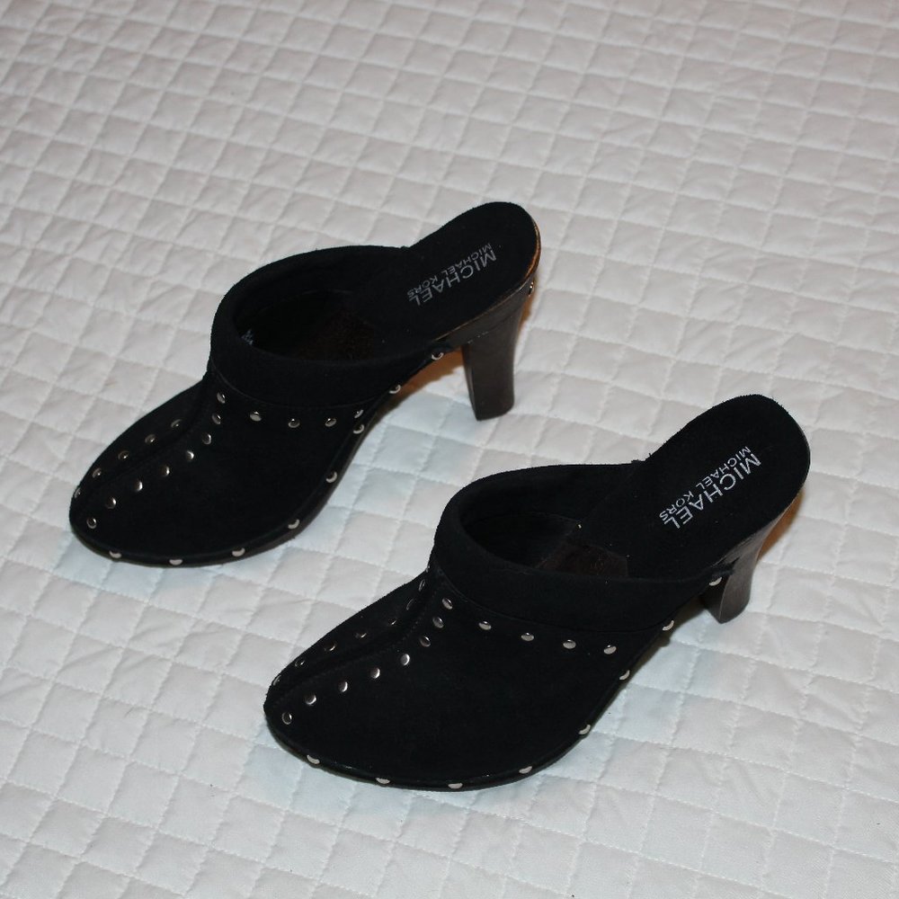 Michael Kors Black suede Leather Wood Heel Studded